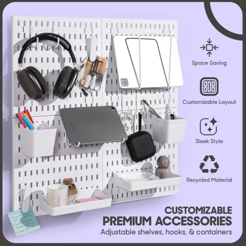 6-Piece Wall Mounted Pegboard Organizer, Holds Up to 35 lbs, Heavy Duty Pegboard Wall Panels with Adjustable Shelves, Hooks & Storage Containers for Garage, Workshop, Office, Craft Room