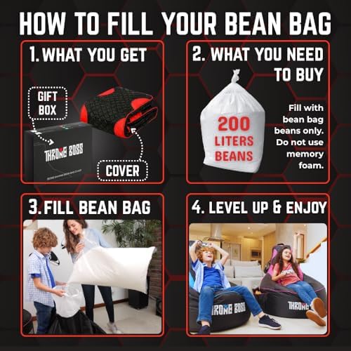 Gaming Bean Bag Chair Cover for Kids, High Back, Large Pockets, Red