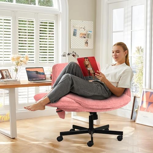 Criss Cross Chair with Lumbar Airbag & Folding Arms Relieve Back Pain, Wide Cross Legged Office Chair for Home Office, Comfy Swivel Desk Chair with Wheels, 5 Level Adjustable Armrest, Chenille(Pink)