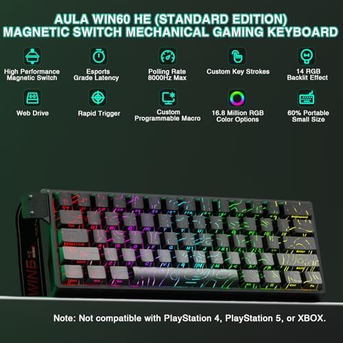 Aula WIN60 HE - 60% Mechanical Gaming Keyboard Wired, Hall Effect Magnetic Switch Hot Swappable, Adjustable Actuation RT Mode, 8000 Hz Polling Rate, RGB Keyboard 60 Percent Compact Design for PC