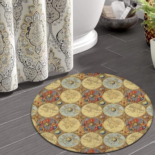 Soft Round Yoga Carpet, Large Home Decor Mat, Non-Slip Machine Washable Kitchen Office Circle Rug Compatible with World Map