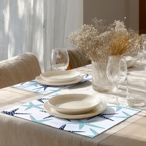 Shrahala Nautical Starfish Placemats, Table Mat Linen Burlap Washable Double-Deck Heat Insulation for Dining Table Kitchen Table Set of 4 (12 x 18 inch),Sky Blue White Navy Sea Star