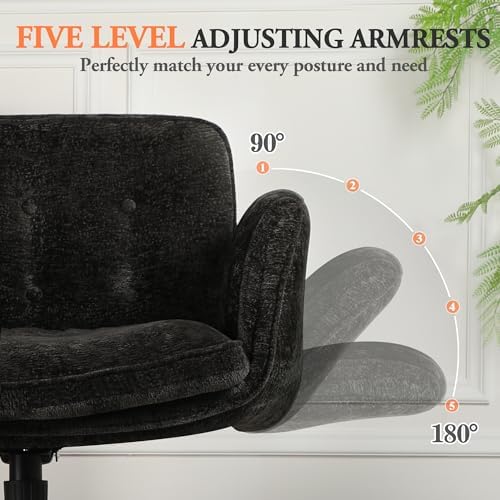Criss Cross Chair with Lumbar Airbag & Folding Arms Relieve Back Pain, Wide Cross Legged Office Chair for Home Office, Comfy Swivel Desk Chair with Wheels, 5 Level Adjustable Armrest, Chenille(Black)