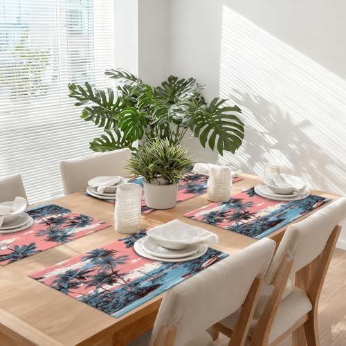 Beach Vacation Seaside Relaxation Linen Placemats, Palm Lined Shore Nautical Charm Table Mats for Table Washable Heat Insulation Thick Dining Mat, Indoor/Outdoor 12X18 in 6 Pcs