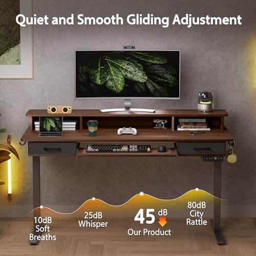 WALKINGDESK 55 Inches Electric Standing Desk with Keyboard Tray, Height Adjustable Sit to Stand Table with 2 Drawers, Ergonomic Home Office Desk with Storage Shelf, Computer Table, Black Walnut