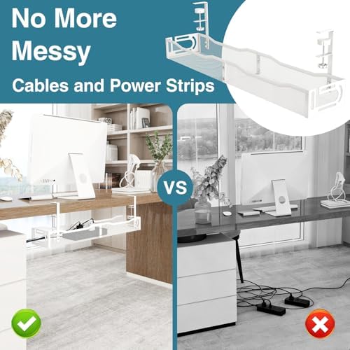 No Drill Under Desk Cable Management Tray, SONATURE 25.3" Cord Organizer for Table, Clamp Mount Desk Cable Management, Premium Carbon Steel Cable Organizer for Office, Home (White)