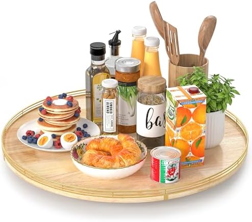 AMH 24-Inch Extra Large Lazy Susan with Solid Oak Base and Gold Iron Rail