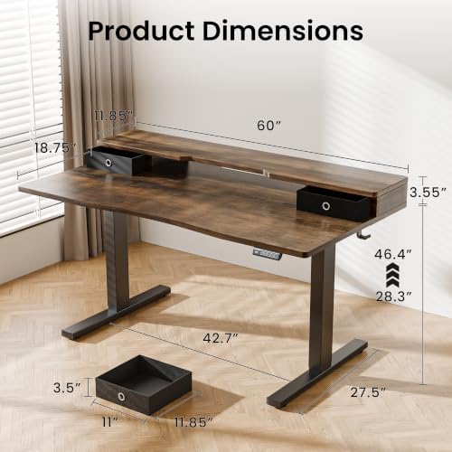 Realbear 60x30 Inch Electric Standing Desk with Drawers, Rustic Walnut