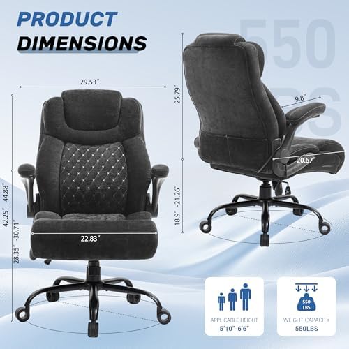 550LBS Big and Tall Office Chair, Comfy Heavy Duty Executive Chair with Adjustable Lumbar Support Double Spaces Casters, Fabric Extra Wide Seat Ergonomic Computer Desk Chair for Back Pain,Blackcloth