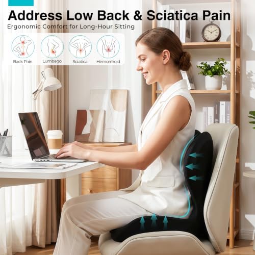 Seat Cushion for Office Chair and Car, L-Shaped Memory Foam Seat Cushion, Ergonomic Sciatica & Tailbone Pain Relief Cushion with Non-Slip Breathable Cover, Back Support for Office Chair-Black