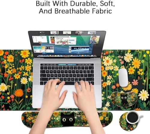 Desk Mat, Large Gaming Mouse Pad with Wrist Rest, 4 in1 XXL Mouse pad+Keyboard Wrist Rest+Mouse Pad Wrist Support+Cup Coaster Set, Ergonomic Desk Pad for Home Office,Floral Cat