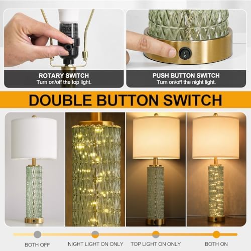 Oneach 27.75" Green Table Lamps Set of 2 with Glass Nightlight for Bedside