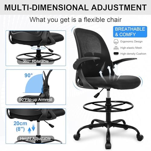 Primy Drafting Chair Tall Office Chair with Flip-up Armrests Executive Ergonomic Computer Standing Desk Chair with Lumbar Support and Adjustable Footrest Ring (Black) (Pack of 2)