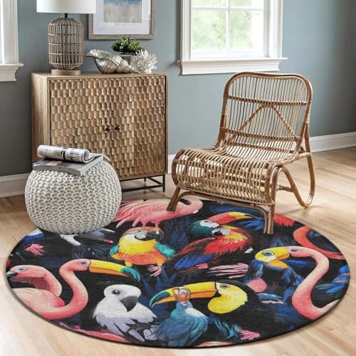 Highly Premium Quality Floor Mat, Office Chair Decor Mat, Room Sofa Yoga Soft Round Carpet Exotic Birds Parrot Flamingo Art, 24inch