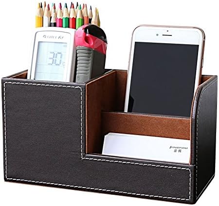 KINGFOM Desk Organizer Office Supplies Caddy Pu Leather Multi-function Storage Box Pen/Pencil,Cell phone, Business Name Cards Remote Control Holder Brown