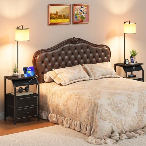End Table with Floor Lamp, Nightstand with Charging Station, Floor Lamp Table with 3-Color Temperature Bulb, Bedside Table Night Stand with 2 Drawers for Bedroom, Living Room, Black