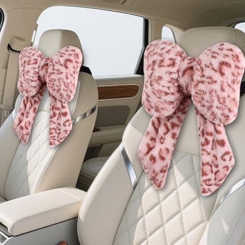 2 Pack Bow Car Headrest Pillow Comfortable Soft Plush Head Rest Cushion, Neck Pillow for Driving Office Use and Car Interior Decoration (Pink Leopard)