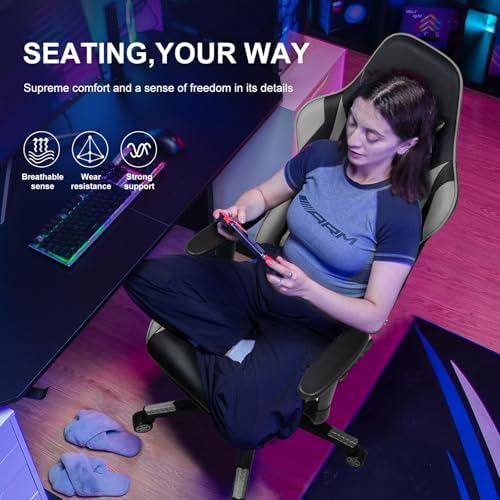 GTPLAYER Gaming Chair with Footrest, Ergonomic Computer Game Desk Chair, Reclining Gamer Chair Seat Height Adjustment, Swivel Rocker with Headrest and Lumbar (Gray)