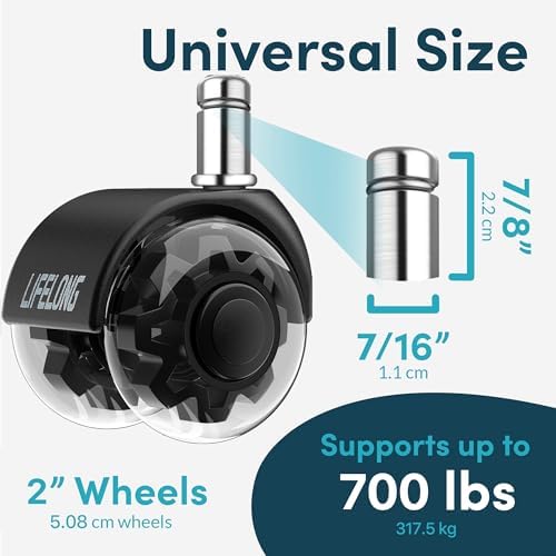 Lifelong Dual Office Chair Wheels Replacement, Heavy Duty, 5-Pack Fits 98%