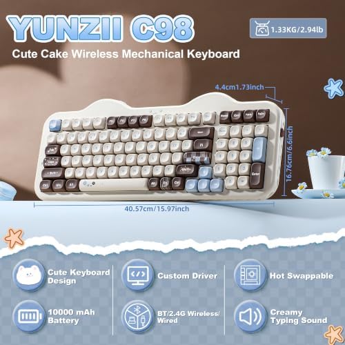 YUNZII C98 Cute Cake Wireless Mechanical Keyboard(Choco, Candy Switch)