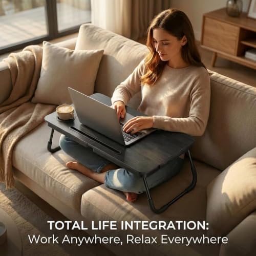 BUYIFY 23.4" Foldable Lap Desk Bed Table with Cup Holder Tray Charcoal