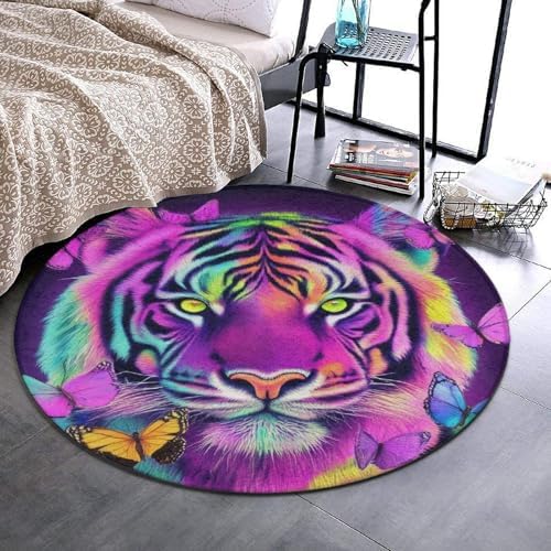 Highly Premium Quality Floor Mat, Office Chair Decor Mat, Room Sofa Yoga Soft Round Carpet King of The Tiger Butterfly Art, 60inch