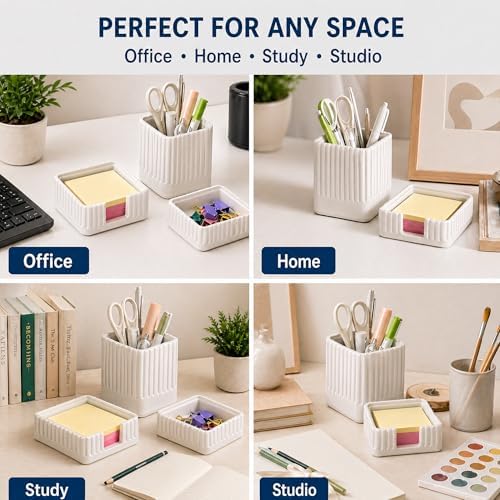 Aesthetic White Desk Organizer Set, Pen, Clip and Sticky Note Holder