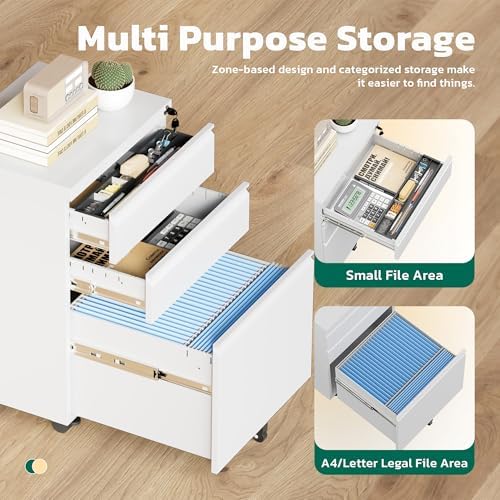Greenvelly 3 Drawer Mobile File Cabinet with Lock, Fully Assembled Rolling File Cabinet Except Casters, Under Desk File Cabinet with Wheels for Home Office Fit Legal/Letter/A4 File (Assembled, White)