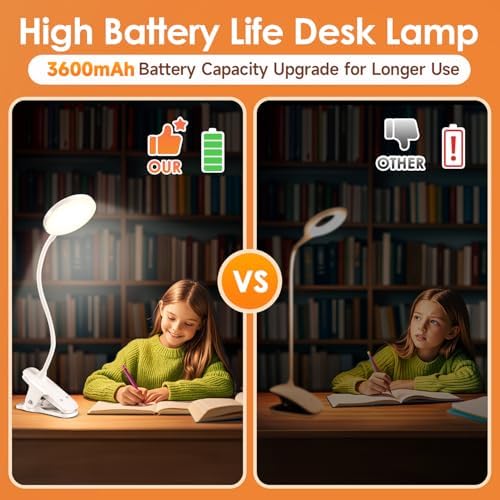 Mubarek Desk Light,3600mAh Battery Operated Light,5 Brightness+5 Color Clip on Reading Lamp,400LM 36 LED Desk Lamp with Clamp,Rechargeable Lamps Cordless Lamps, Reading Lights for Books in Bed,Table