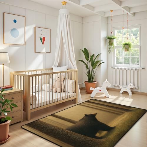 Tranquil Scene Bear Pine Trees Soft Gradient Area Rug Outdoor Patio Rug Play Mat Modern Floor Carpet Non-Slip Home Decor Living Room Kids Bedroom Nursery, 3x5 ft