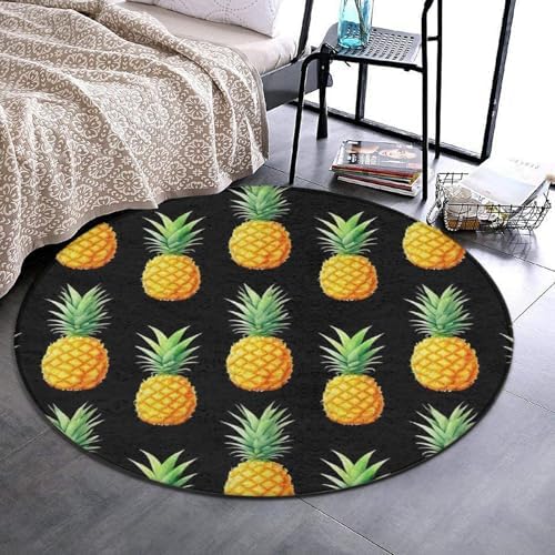 Large Home Decor Mat, Soft Round Yoga Carpet, Non Slip Machine Washable Home Office Circle Rug Tropical Fruits Pineapple