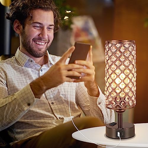 Hong-in Crystal Table Lamp Touch Control Set of 2, 3-Way Black Crystal Lamps with USB C+A Ports & AC Outlet, Dimmable Nightstand Desk Lamps,Modern Bedside Table Lamp for Bedroom(Bulbs Included)