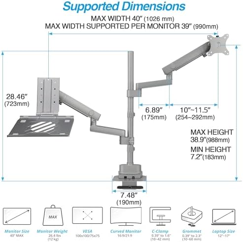 AVLT Laptop & 40 Inch Monitor Arm Pole Top Mount with USB-C&A Ports - Gray