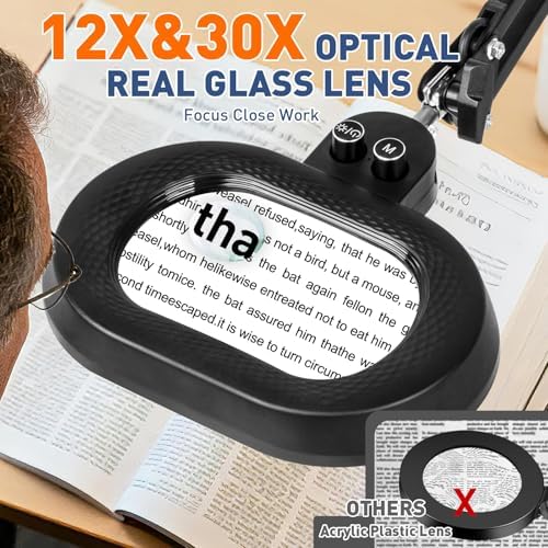 KIRKAS Magnifying Glass with Light 3-axis Rotation, 35in Long Arm 12X 30X