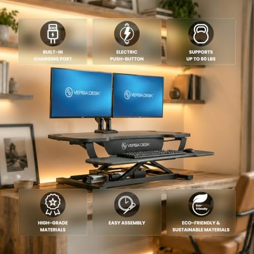 VERSADESK PowerPro 40 Inch Electric Standing Desk Converter – Push-Button Height Adjustable Sit to Stand Desk Riser for Triple Monitors & Laptop – Motorized Desktop Workstation with Wide Keyboard Tray