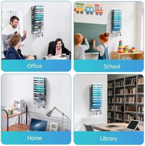11-Tier Wall File Organizer and Mail Organizer with 5 Hooks, Black