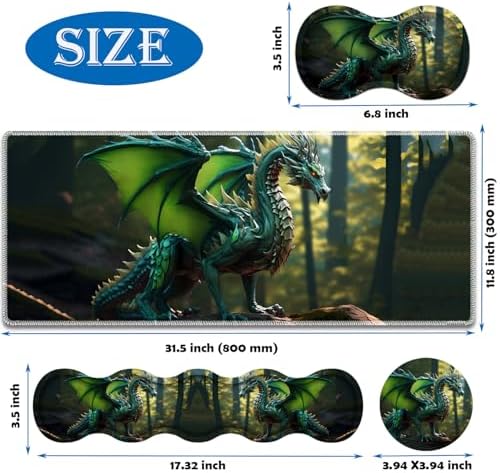 4 in 1 Mouse Pad Combo, Large Gaming Mouse Pad + Keyboard Wrist Support + Mouse Wrist Rest + Coaster, Table Pad 31.5 "x 11.8" with Memory Foam Ergonomic Wrist Pad Set, Forest Green Dragon