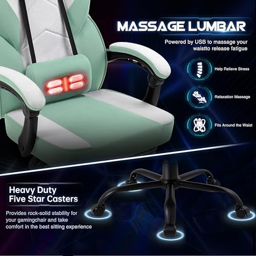 Gaming Chair for Adults with Footrest & Massage Lumbar Support, Ergonomic High Back Gamer Chair, Adjustable Swivel Computer Gaming Chairs with Headrest and Linkage Armrests,Green