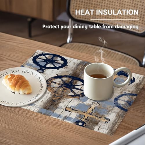 Seafaring Maritime Elements Linen Placemats, Ocean Inspired Coastal Vibes Table Mats for Table Washable Heat Insulation Thick Dining Mat, Indoor/Outdoor 12X18 in 6 Pcs
