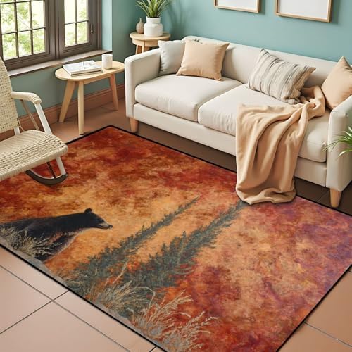 Nature Inspired Bear Pine Scene Warm Earthy Tones Area Rug Outdoor Patio Rug Play Mat Modern Floor Carpet Non-Slip Home Decor Living Room Kids Bedroom Nursery, 3x5 ft