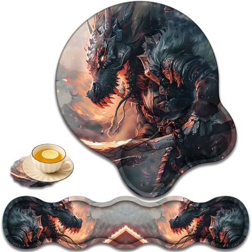 Keyboard Wrist Rest and Mouse Pad Wrist Support with Lace-Shaped Coaster Set, Ergonomic Gel Memory Foam and Anti-Slip Base, Easy Typing and Pain Relief - Draco Warrior