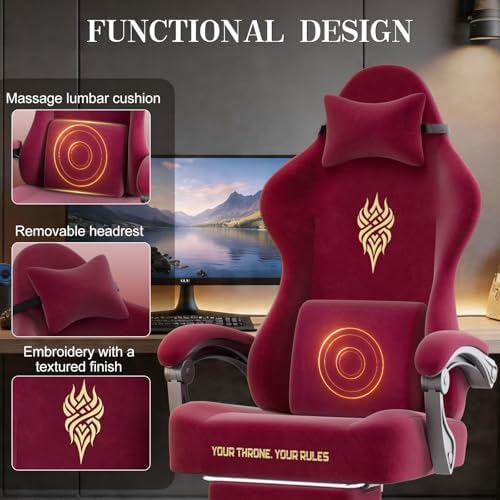 Ferghana Velvet Gaming Chair, 20.5 Inch Extra Wide Seat, Fire Embroidery Ergonomic High Back Computer Chair with Footrest, Massage Lumbar Support Reclining Gaming Chair for Adults, Red