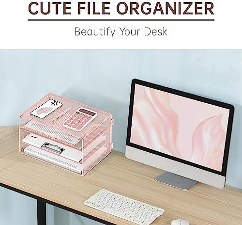 DALTACK 3 Tier Letter Tray Paper Organizer with Sliding Mesh Trays Pink