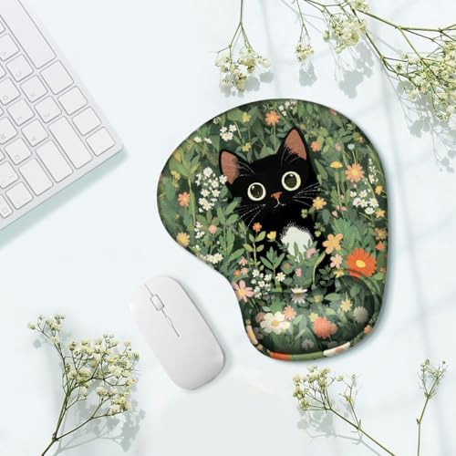 Ergonomic Mouse Pad with Wrist Support, Black Cat Pattern Rubber Mousepad with Non-Slip PU Base for Home Office Working Studying, Easy Typing & Pain Relief for Women Girls Adult Kids