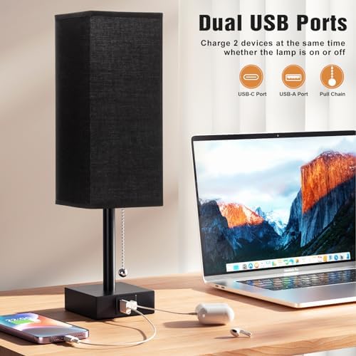Set of 2 Black Bedside Table Lamps for Bedroom - Nightstand Lamp, USB C+A