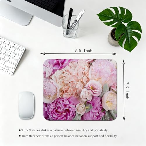 9.5x7.9 Inch Office/Gaming Mouse Pad, Romantic Pink Peony Bouquet Flowers Pastel Floral, Cute Anti-Slip Mat for Desk Decor