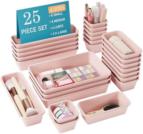 Kutesna 25 PCS Pink Drawer Organizer Set, 4 Size Interlocking Plastic Storage Bins for Office Supplies, Jewelry Makeup Vanity, Bathroom Kitchen, Home Organization Closet, Gadgets Small Items