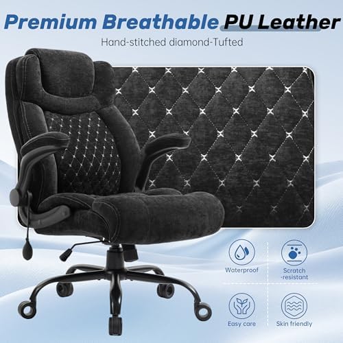 500LBS Big and Tall Executive Office Chair with Adjustable Lumbar Support,Extra Wide Seat Ergonomic Computer Desk Chair Flip-up Arm,Home Office Chair Spring Cushion Upgraded Metal Base, Fabric Black