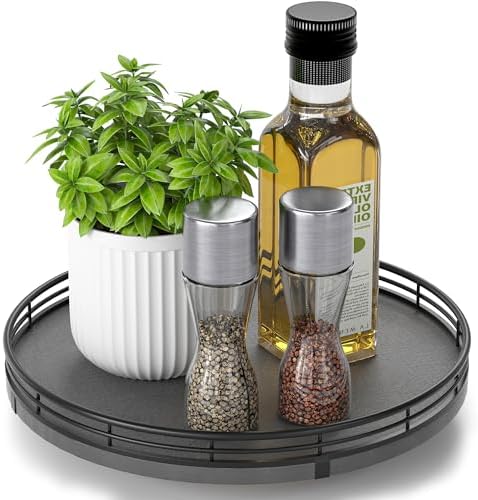 AMH10-Inch Natural Slate Lazy Susan with Black Raised Iron Rim