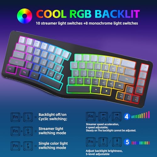 VBESTLIFE Wired Ergonomic Keyboard, Compact Mini Split Keyboard 69 Keys, RGB Backlight, Detachable Type C, for Desktop PC Laptop